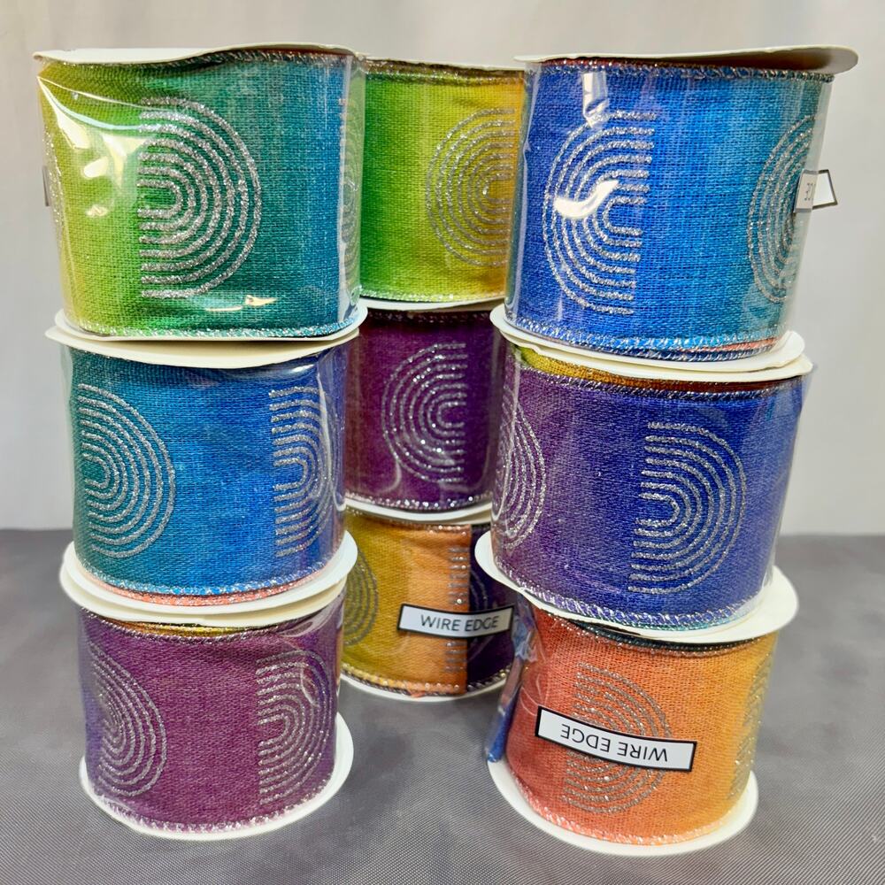 LGBTQ+ Pride Ribbon Crafting Lot of 9 Woven Wired Rainbow Hues Silver Glitter